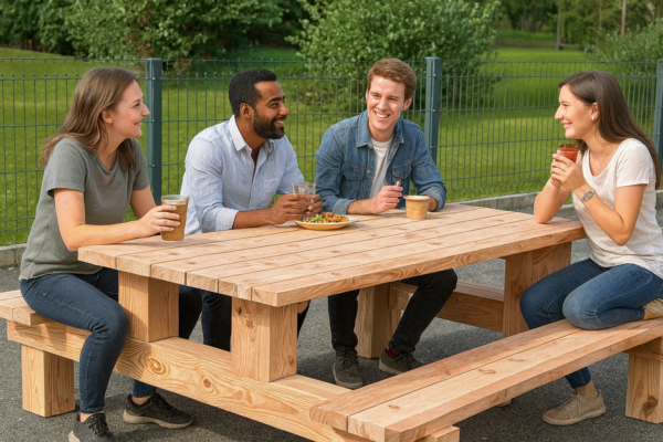 Table pique-nique design DELEXTER en bois, installée dans un espace extérieur