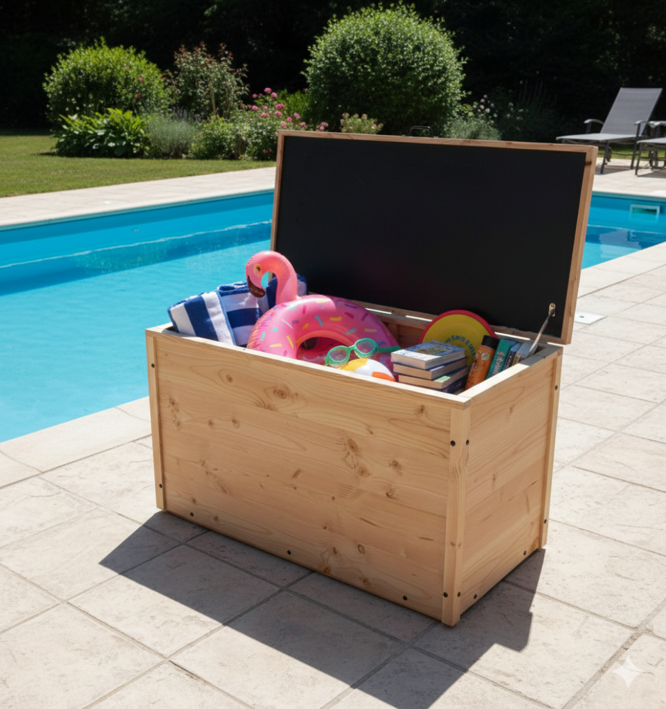 Coffre de jardin en bois, idéal pour le rangement extérieur. Fabriqué à Limoux par Delexter.